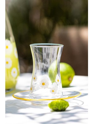 Ayrex Fiona Premium Çay Seti Koleksiyonu - Şeffaf/sarı Rim Kristal Cam - 12 Parça 170CC Bardak V