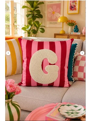 Es Dekor Punch Nakışlı Kırlent Kılıfı - 43*43 cm - Pembe G Harfi Ev Mobilya Dekorasyon