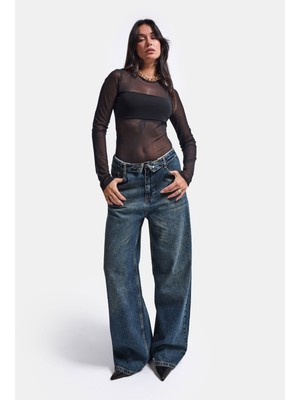 It's Basic Kadın Koyu Kot 2W6-8 Straight Fit Kemer Detaylı Denim Jean