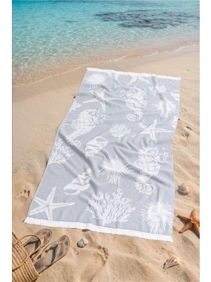 Soley Seashell | %100 Pamuk Saçaklı Plaj Havlusu | 80X150 cm (Gri)