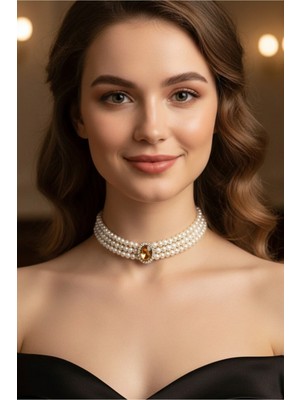 BB Bridal Boutique Oval Taşlı Cam Incili Choker Kolye, Tasma Kolye, Gold Kaplama Tasarım Kolye, Şık Kolye, Kolye