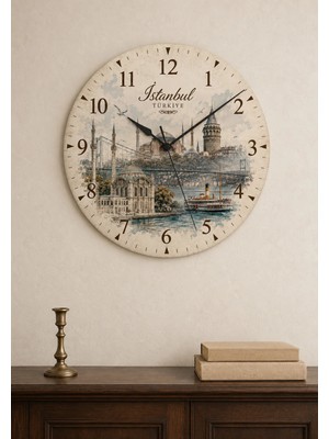 AA Shop Istanbul Türkiye Şehir Manzaraları Desenli Dekoratif Baskılı Ahşap Duvar Saati 45 cm Sessiz Akar Mekanizma 898
