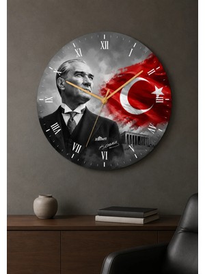 AA Shop Atatürk Temalı Baskılı Dekoratif Baskılı Ahşap Duvar Saati Sessiz Akar Mekanizmalı 806