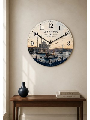 AA Shop Istanbul Türkiye Şehir Manzaraları Desenli Dekoratif Baskılı Ahşap Duvar Saati 45 cm Sessiz Akar Mekanizma 899