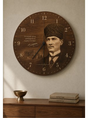 AA Shop Atatürk Temalı Baskılı Dekoratif Baskılı Ahşap Duvar Saati Sessiz Akar Mekanizmalı 808