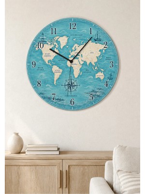 AA Shop Dünya Haritası Desenli Dekoratif Baskılı Ahşap Duvar Saati 45 cm Sessiz Akar Mekanizma 865