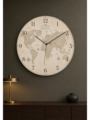 AA Shop Dünya Haritası Desenli Dekoratif Baskılı Ahşap Duvar Saati 45 cm Sessiz Akar Mekanizma 870