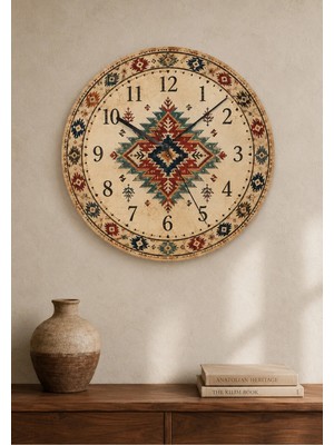 AA Shop Anadolu Motifli Baskılı Duvar Saati Etnik Kilim Desenli Sessiz Dekoratif Baskılı Ahşap Saat 805