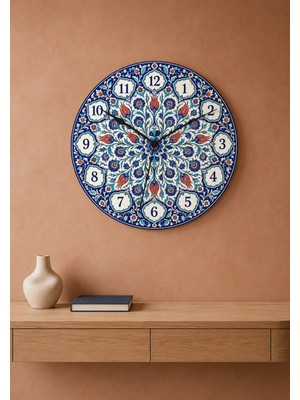 AA Shop Osmanlı Iznik Çini Desenli Dekoratif Baskılı Ahşap Duvar Saati 45 cm Sessiz Akar Mekanizma 883