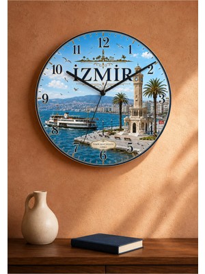 AA Shop Izmir Türkiye Şehir Manzaraları Desenli Dekoratif Baskılı Ahşap Duvar Saati 45 cm Sessiz Akar Mekanizma 896