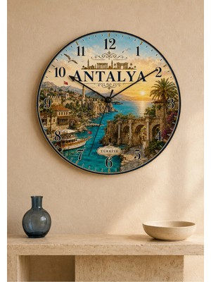 AA Shop Antalya Türkiye Şehir Manzaraları Desenli Dekoratif Baskılı Ahşap Duvar Saati 45 cm Sessiz Akar Mekanizma 894