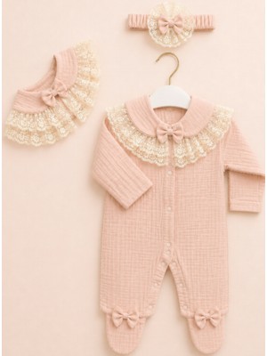 Kardeşler Bebe Fiyonk ve Dantel Detaylı Çıkarılabilir Yaka Kız Bebek Patikli Tulum + Saç Bandı