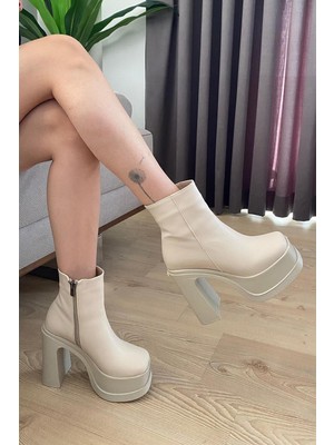 Kadın Sidney Krem 12 cm Platform Topuklu Fermuarlı Bot