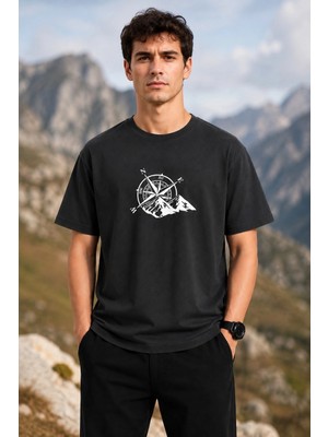 Marsilyan Erkek Outdoor Pusula Dağ Baskılı Kısa Kollu Oversize T-Shirt - Siyah
