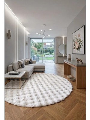 Sarar 160 x 160-Cm Yuvarlak BUBLLE BEYAZ Renk Peluş Pofuduk Kaymaz Taban Beyaz Renk Halı