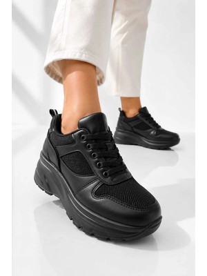 Slipcat Kadın Parıltılı, 6 cm Yükseltilmiş Tabanlı, Bağcıklı, Günlük Kullanım Sneakers