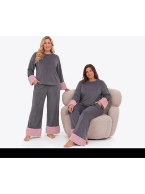 Yare Büyük Beden Kadife Peluş Kollu Pijama Takımı