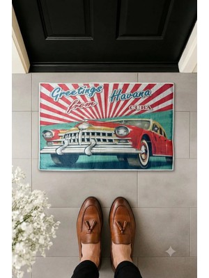 Rotanev Havana Otomobil Desenli Retro Tasarım Dekoratif Kapı Önü Paspası 40X60CM