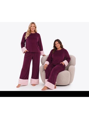 Yare Büyük Beden Kadife Peluş Kollu Pijama Takımı