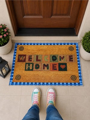 Rotanev Renkli Welcome Home Figürlü Retro Tasarım Dekoratif Kapı Önü Paspası 40X60CM