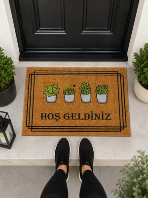 Rotanev Saksı Figürlü Hoşgeldiniz Retro Tasarım Dekoratif Kapı Önü Paspası 40X60CM