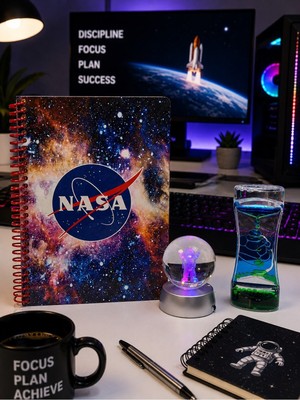 Kesene Nasa Desenli Spiralli Defter Aydınlatmalı Astronot Kristal Küre Renkli Sıvı Kum Saati Hediye Seti