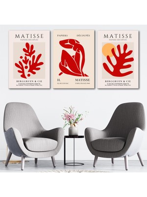 Tilki Dünyası Henri Matisse 3'lü Kanvas Tablo Seti - Kırmızı Soyut Yaprak ve Figör Tasarımlı Modern Duvar Tablosu Seti