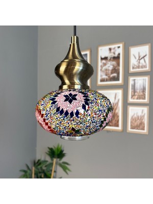 Bamyum Noura Mozaik-C Renkli Cam Tekli Avize Eskitme Alaz Başlık Retro Sarkıt Lamba Salon Aydınlatma