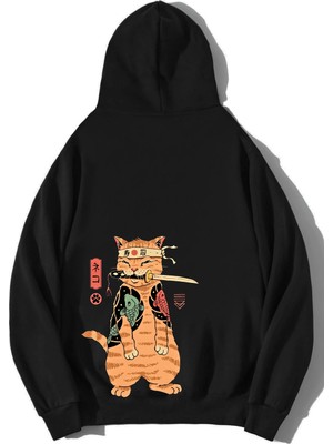 Brz Collection Unisex Oversize Ninja Cat Hoodie Siyah