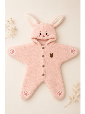 Beniizle 0-6 Ay Bebek Tavşanlı Welsoft Peluş Tulum Kapüşonlu Kışlık Uyku Tulumu Pembe