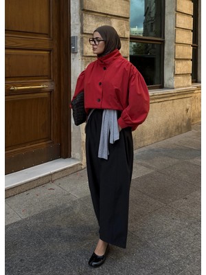 Moda Aksa 7746 Swan Düğmeli Astarlı Bomber Kırmızı