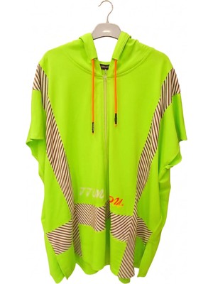 DARKWIN Kadın Neon Kapüşonlu Çizgi Detaylı Oversize Fermuarlı Sweatshirt