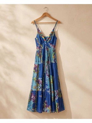 Barok V Yaka Ip Askılı Patchwork Desenli Volanlı Yazlık Elbise Summer Vibe