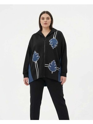 DARKWIN Kadın Büyük Beden Siyah Oversize Yaprak Desenli Kapüşonlu Fermuarlı Hırka