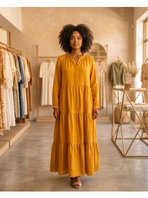 İTHAL Kadın Resort Wear V Yaka Keten Salaş Elbise
