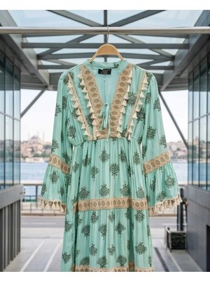 İTHAL Kadın Bohem Nakışlı Turkuaz Elbise
