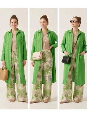 İTHAL Kadın Pembe Tropikal Yaprak Desenli Yırtmaçlı Pantolon Kimono Keten Takım