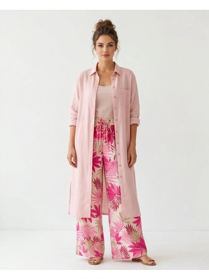 İTHAL Kadın Pembe Tropikal Yaprak Desenli Yırtmaçlı Pantolon Kimono Keten Takım