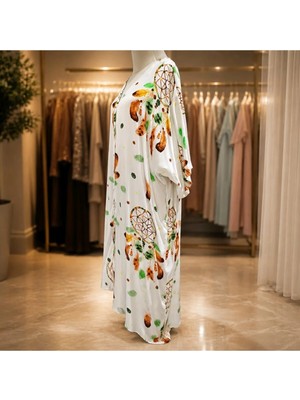 Park Moda Bohem Tarz Düş Kapanı Desenli, Geniş Kesim, Kimono Yaka Resort Gömlek Elbise - Beyaz/çok Renkli