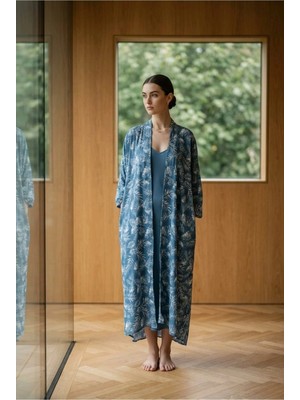 DARKWIN Kadın Mavi Palmiye Desenli Salaş Uzun Kimono