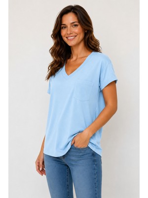 Lyvean V Yaka Cepli Oversize Tshırt