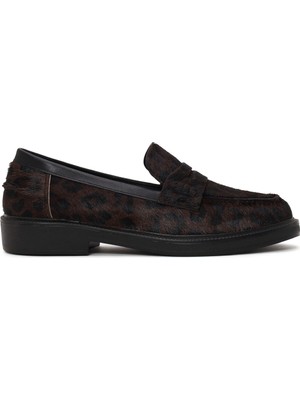 Derimod Kadın Leopar Desenli Tüylü Deri Maskülen Loafer AF14000621