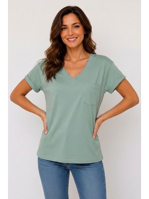 Lyvean V Yaka Cepli Oversize Tshırt