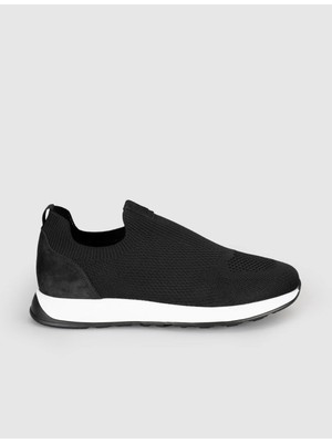 Cabani Erkek Siyah Triko Hakiki Deri Yazlık Slip-On Ayakkabı