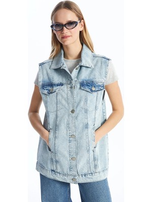 LC Waikiki Lcw Modest Indigo Gömlek Yaka Kadın Jean Yelek