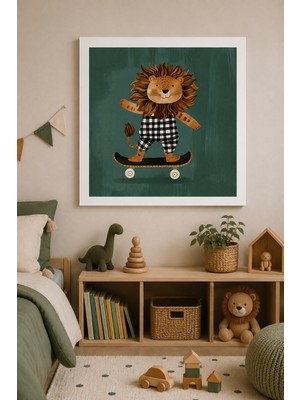 JHAAR Kaykay Yapan Sevimli Aslan Çocuk Odası Modern Çerçeve Görünümlü Mdf Tablo