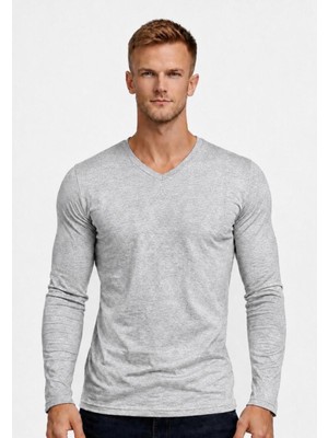 Axxel Erkek Açık Gri Melanj Pamuklu Likralı Süprem Uzun Kollu T-SHIRT-D236