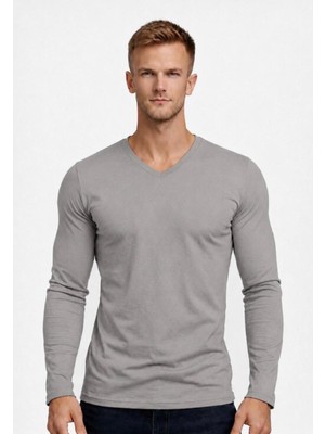 Axxel Erkek Soft Gri Pamuklu Likralı Süprem Uzun Kollu T-SHIRT-D236
