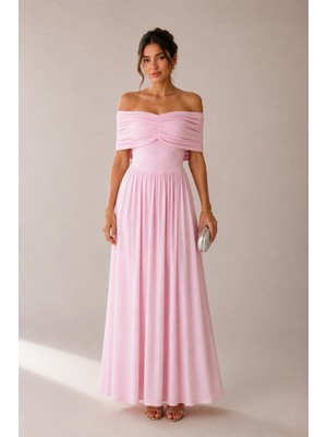 Klex Kayık Yaka Drapeli Uzun Abiye Elbise 6106 Pembe - S