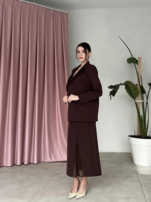 Klex Blazer Ceketli Straplez Elbise Takım 6069 Acı Kahve - S